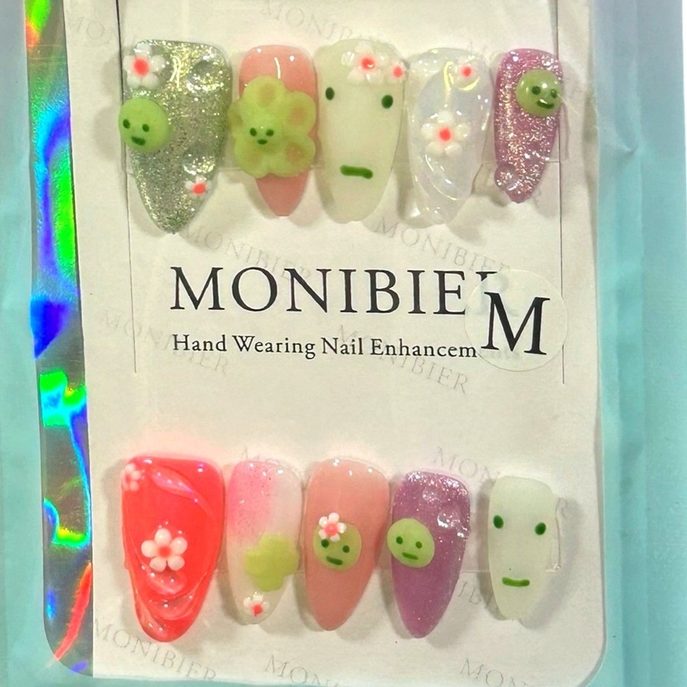Kawaii Smiley‎ Face Press On Nails Cute Y2K Aesthetic Pastel Flower 3D Nail